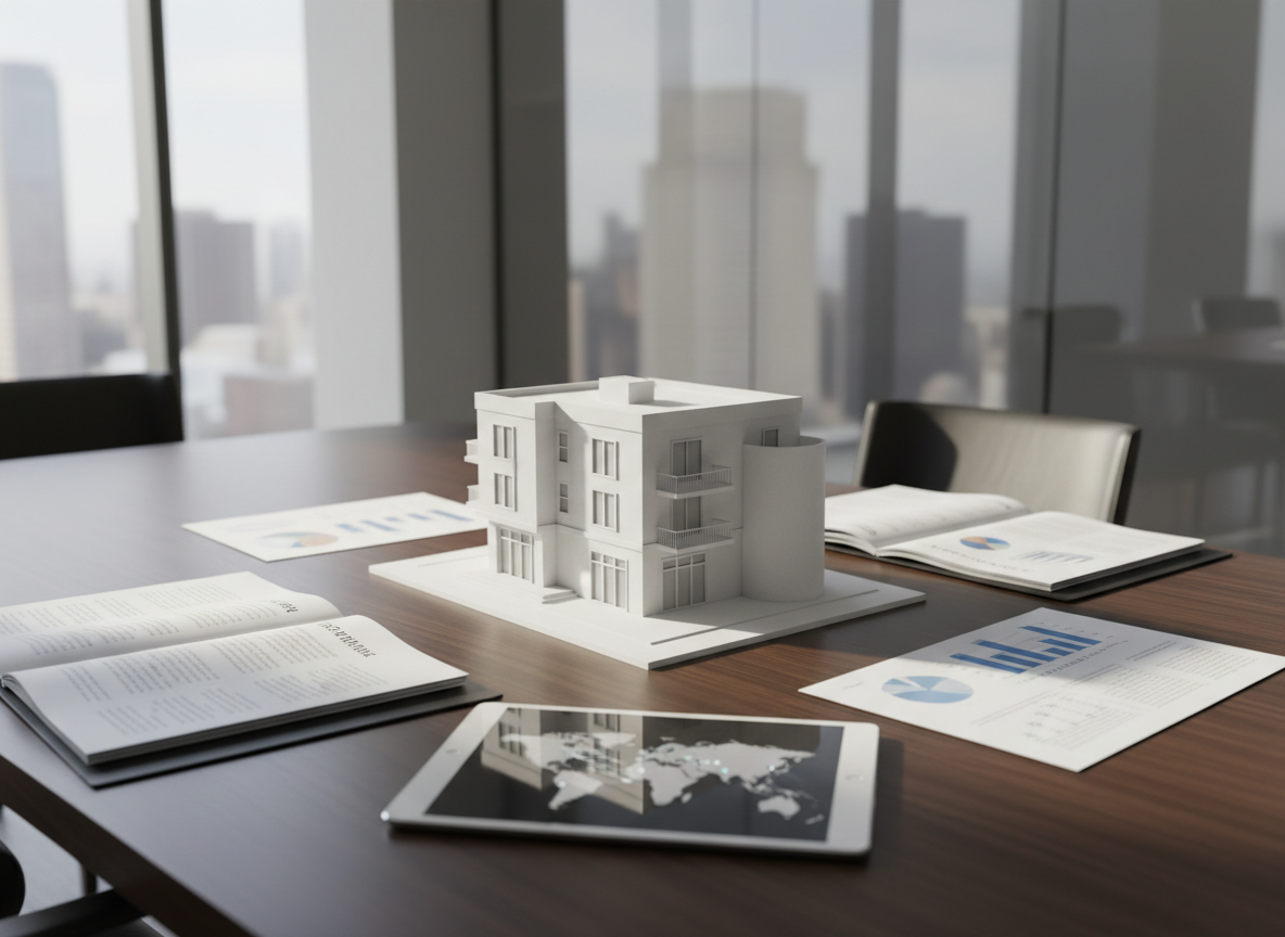 A sophisticated meeting table in a contemporary real estate office, seen from a slightly elevated angle. In the center lies a crisp white architectural model of a small commercial building, its clean geometric volumes rendered in matte material. Surrounding it are printed business plans, cash-flow projections, and a sleek silver tablet showing a real estate franchise expansion map. The table surface is smooth, dark wood, contrasting with the neutral grey walls and a large glass panel behind that reflects city towers in soft blur. Diffused natural light from side windows creates soft highlights on the model’s edges and subtle shadows across the documents. The atmosphere is strategic and methodical, with photographic realism, a structured layout, and a corporate, neutral-toned palette underscoring the idea of building one’s own real estate business.