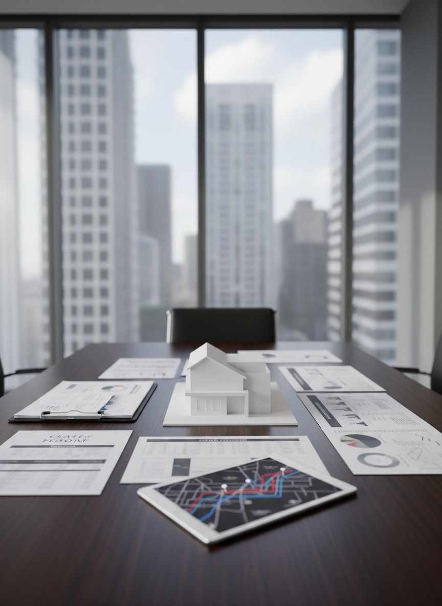 A sophisticated meeting table in a contemporary real estate office, seen from a slightly elevated angle. In the center lies a crisp white architectural model of a small commercial building, its clean geometric volumes rendered in matte material. Surrounding it are printed business plans, cash-flow projections, and a sleek silver tablet showing a real estate franchise expansion map. The table surface is smooth, dark wood, contrasting with the neutral grey walls and a large glass panel behind that reflects city towers in soft blur. Diffused natural light from side windows creates soft highlights on the model’s edges and subtle shadows across the documents. The atmosphere is strategic and methodical, with photographic realism, a structured layout, and a corporate, neutral-toned palette underscoring the idea of building one’s own real estate business.