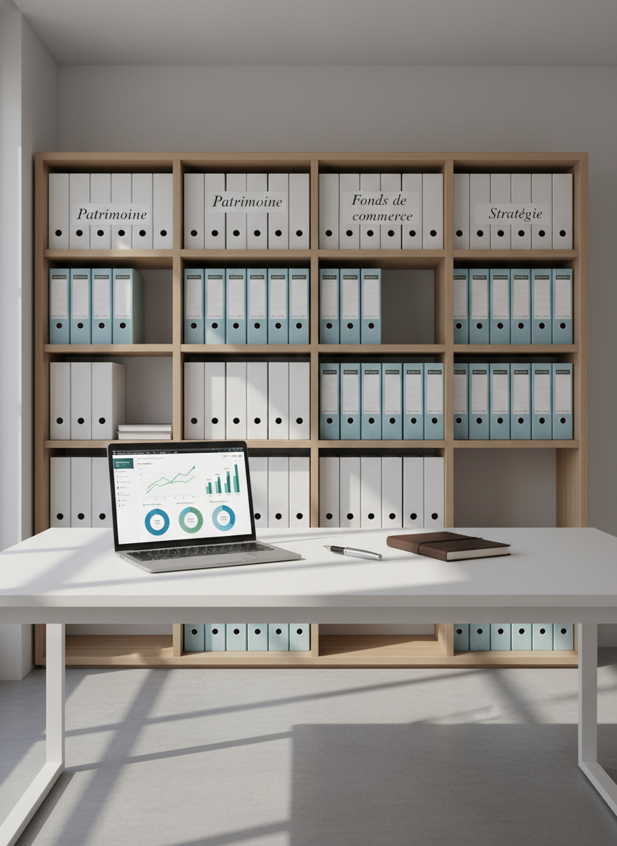 A clean, modern real estate agency workspace with a large, matte-white desk in the foreground, neatly arranged with a slim silver laptop displaying a dashboard of upward-trending real estate investment graphs and property portfolio charts. Next to it lies a structured leather notebook and a single, elegant fountain pen. Behind, tall shelves in light oak hold organized binders labeled “Patrimoine”, “Fonds de commerce” and “Stratégie”. Soft daylight enters from a large unseen window, casting gentle, linear shadows that emphasize the room’s clean lines. The mood is professional and aspirational. Shot at eye level with a balanced, symmetrical composition and sharp focus throughout. Photographic realism with neutral tones, subtle blue accents, and a corporate, minimalist aesthetic that suggests entrepreneurial growth in real estate.