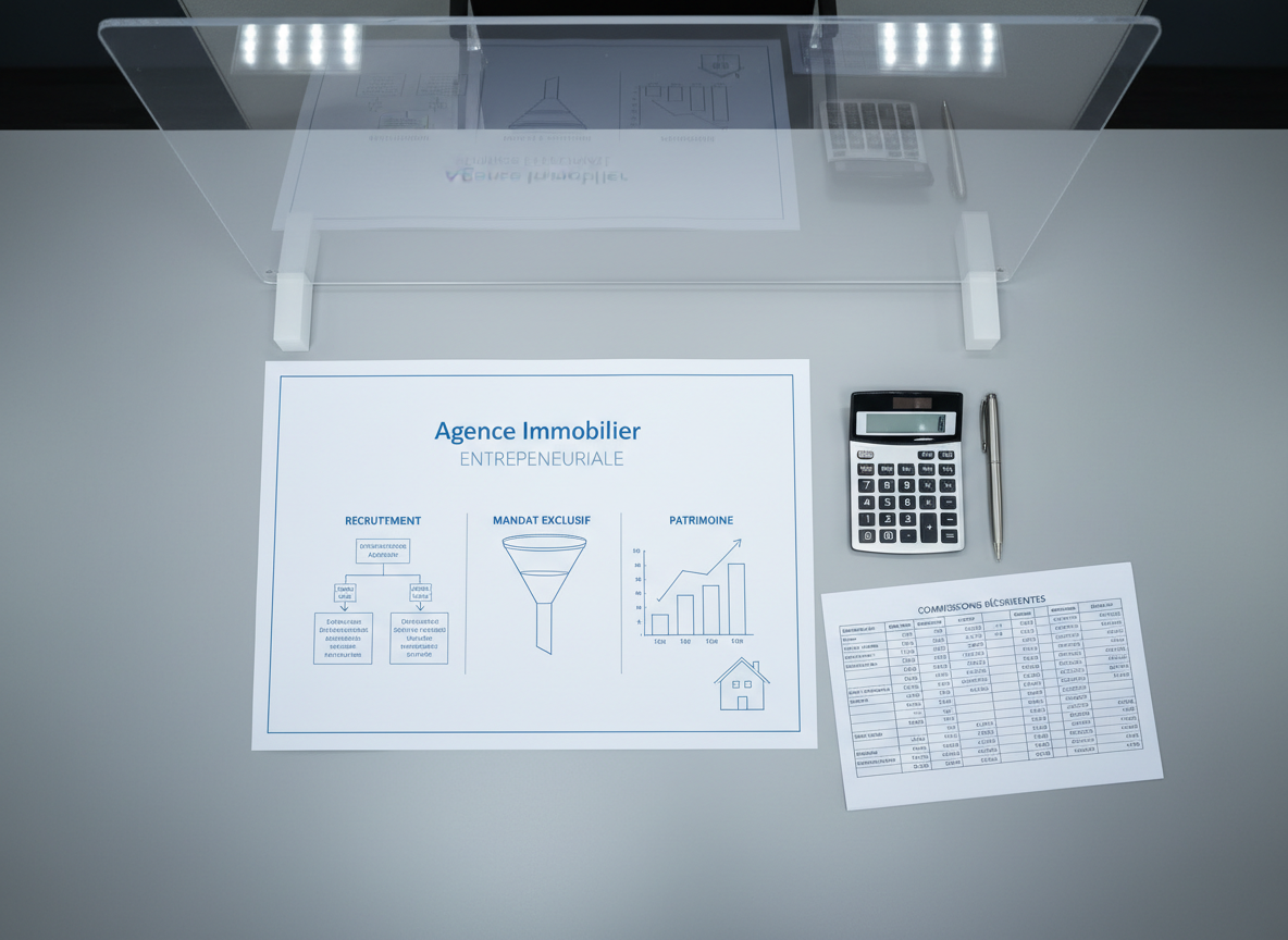 A detailed financial planning scene laid out on a smooth, light-grey conference table. A large, minimalist blueprint-style diagram of an “Agence Immobilier Entrepreneuriale” is spread open, showing labeled sections for recrutement, mandat exclusif, and patrimoine. Beside it, a thin-line calculator, a silver pen aligned perfectly parallel, and a printed spreadsheet of recurring commissions and passive income flows. A semi-transparent acrylic divider rises at the table’s edge, catching soft office lighting from recessed ceiling panels above. The illumination is cool and even, creating precise, crisp shadows that accentuate the organized layout. Shot from a top-down, bird’s-eye view, the composition emphasizes structure and clarity. Photographic realism with a clean, corporate aesthetic and neutral palette reflects methodical strategy, long-term planning, and the transformation of monthly income into real estate assets.