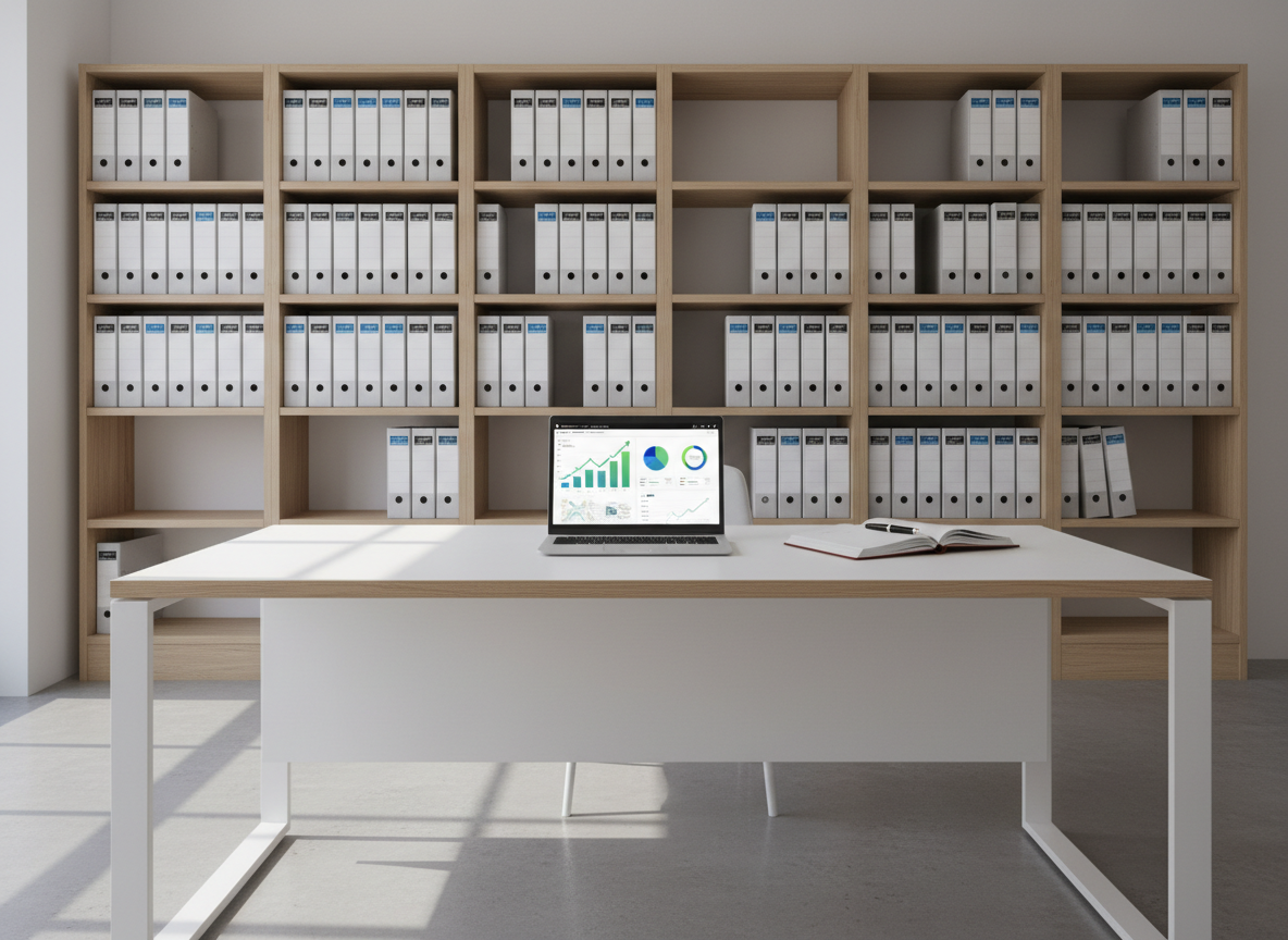A clean, modern real estate agency workspace with a large, matte-white desk in the foreground, neatly arranged with a slim silver laptop displaying a dashboard of upward-trending real estate investment graphs and property portfolio charts. Next to it lies a structured leather notebook and a single, elegant fountain pen. Behind, tall shelves in light oak hold organized binders labeled “Patrimoine”, “Fonds de commerce” and “Stratégie”. Soft daylight enters from a large unseen window, casting gentle, linear shadows that emphasize the room’s clean lines. The mood is professional and aspirational. Shot at eye level with a balanced, symmetrical composition and sharp focus throughout. Photographic realism with neutral tones, subtle blue accents, and a corporate, minimalist aesthetic that suggests entrepreneurial growth in real estate.