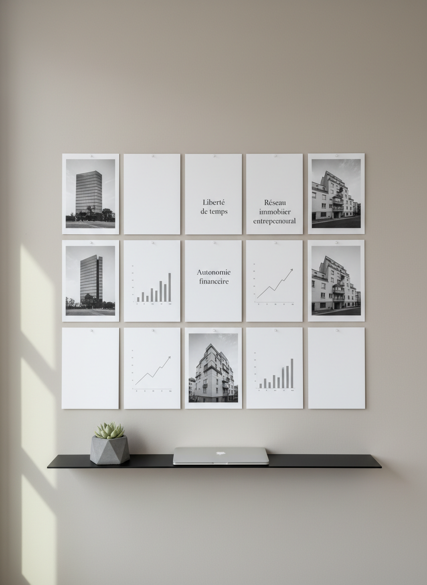 A minimalist vision board wall in a refined office environment, composed of neatly pinned monochrome cards and printouts. Key phrases in elegant typography read “Liberté de temps”, “Autonomie financière” and “Réseau immobilier entrepreneurial”, aligned in a precise grid. Around them, there are high-quality photos of modern French buildings and discreet bar charts showing growing passive income. A slim, matte-black shelf below holds a closed laptop and a small, geometric concrete planter. Soft, indirect daylight washes the neutral beige wall, creating a calm, contemplative mood. The image is shot straight-on with a rule-of-thirds composition, emphasizing clean lines and balanced negative space. Photographic realism with a cool, corporate aesthetic conveys clarity of vision and structured planning for real estate agents transforming income into long-term assets.