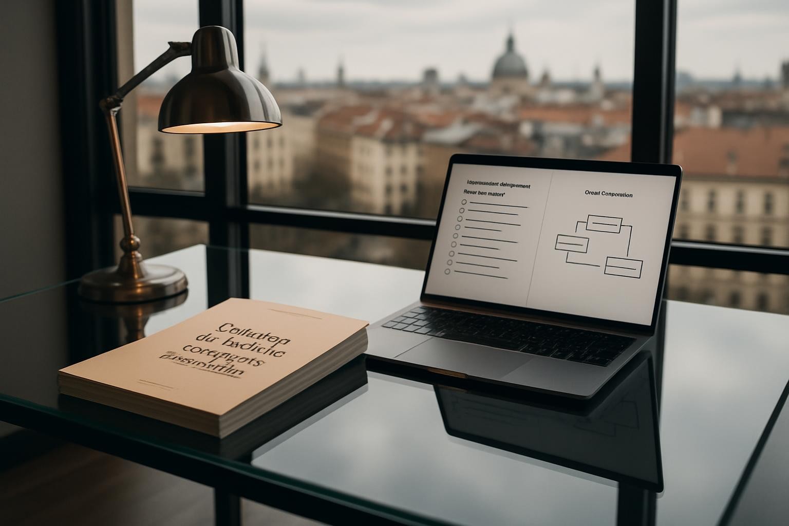 An elegant, glass-topped desk in a corner office overlooking a softly blurred European cityscape through floor-to-ceiling windows. On the desk rests a neatly stacked dossier titled “Création de fonds de commerce immobilier”, alongside a thin silver laptop displaying a structured checklist for launching an agency and a monochrome flowchart of revenue streams. A classic, brushed-metal desk lamp casts controlled, warm light on the documents, contrasting with the cooler natural daylight from outside. The reflections on the glass surface form clean, geometric shapes, enhancing the corporate feel. Captured from a three-quarter angle with moderate depth of field, the foreground is sharply detailed while the skyline remains soft. The atmosphere is focused and ambitious, with a photographic, neutral-toned, highly professional aesthetic highlighting autonomy and high-level planning.